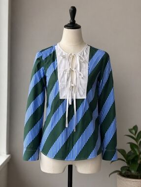 Tory Burch Striped Tie-Front Blouse – Blue/Green – Size 2 – Excellent Condition